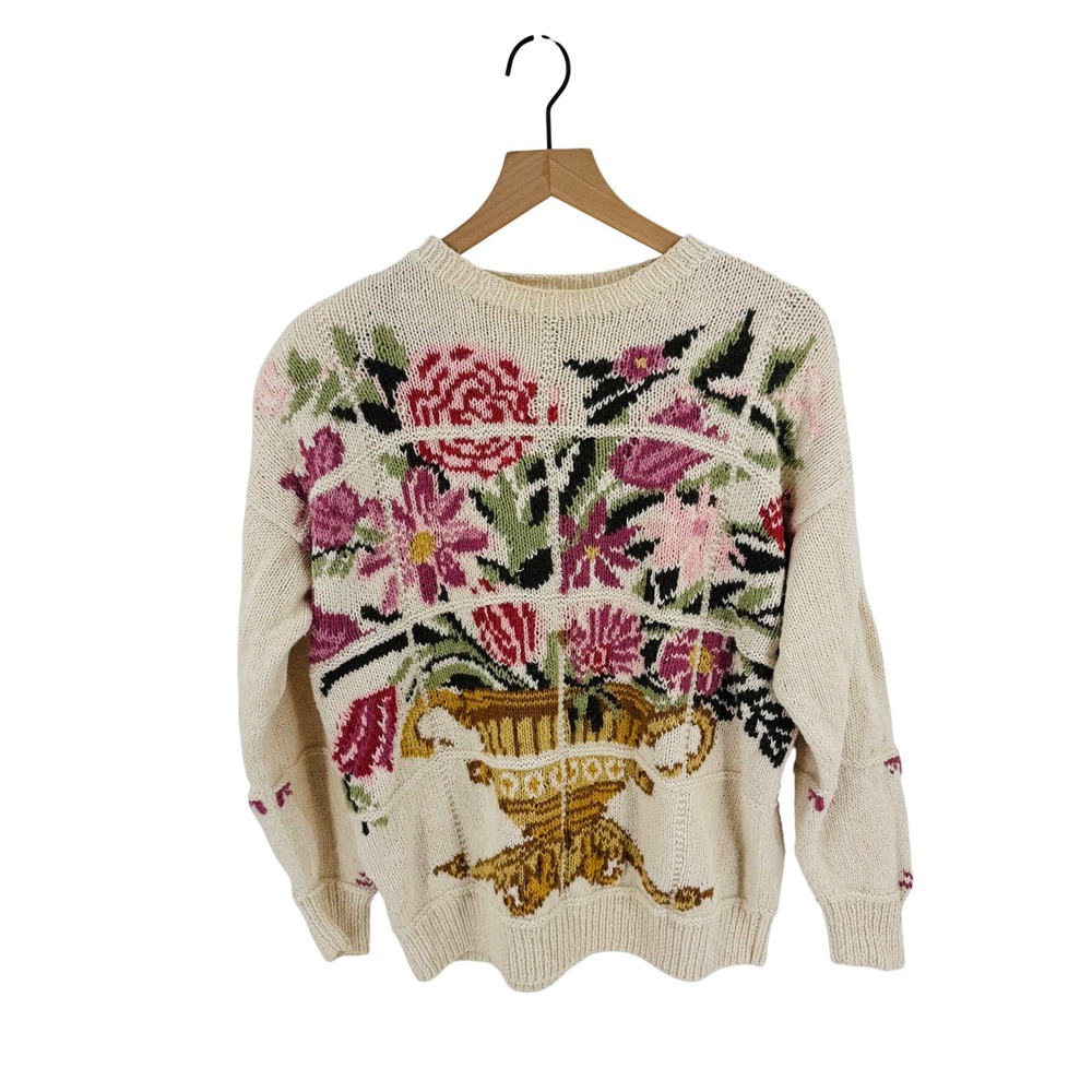 Express Vintage Handknit Botanical Sweater Cream Pink Size S Cottage Grandma‎